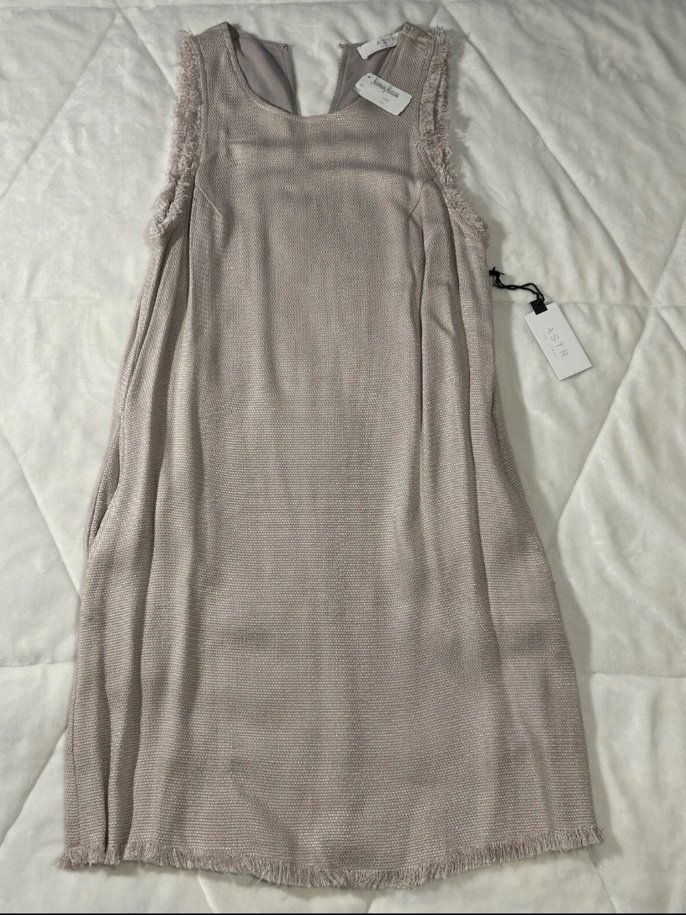 ASTR The Label Julia Fringe Dress Beige with Pockets-Small -Missing Back Button